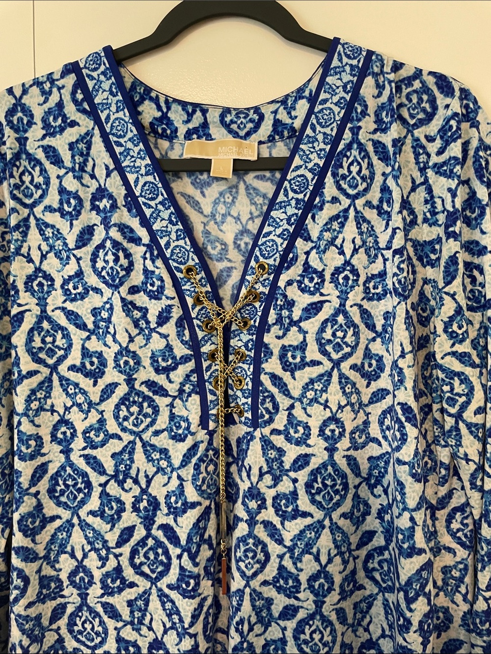 Michael Kors Blue and White Lace-Up V-Neck Dress